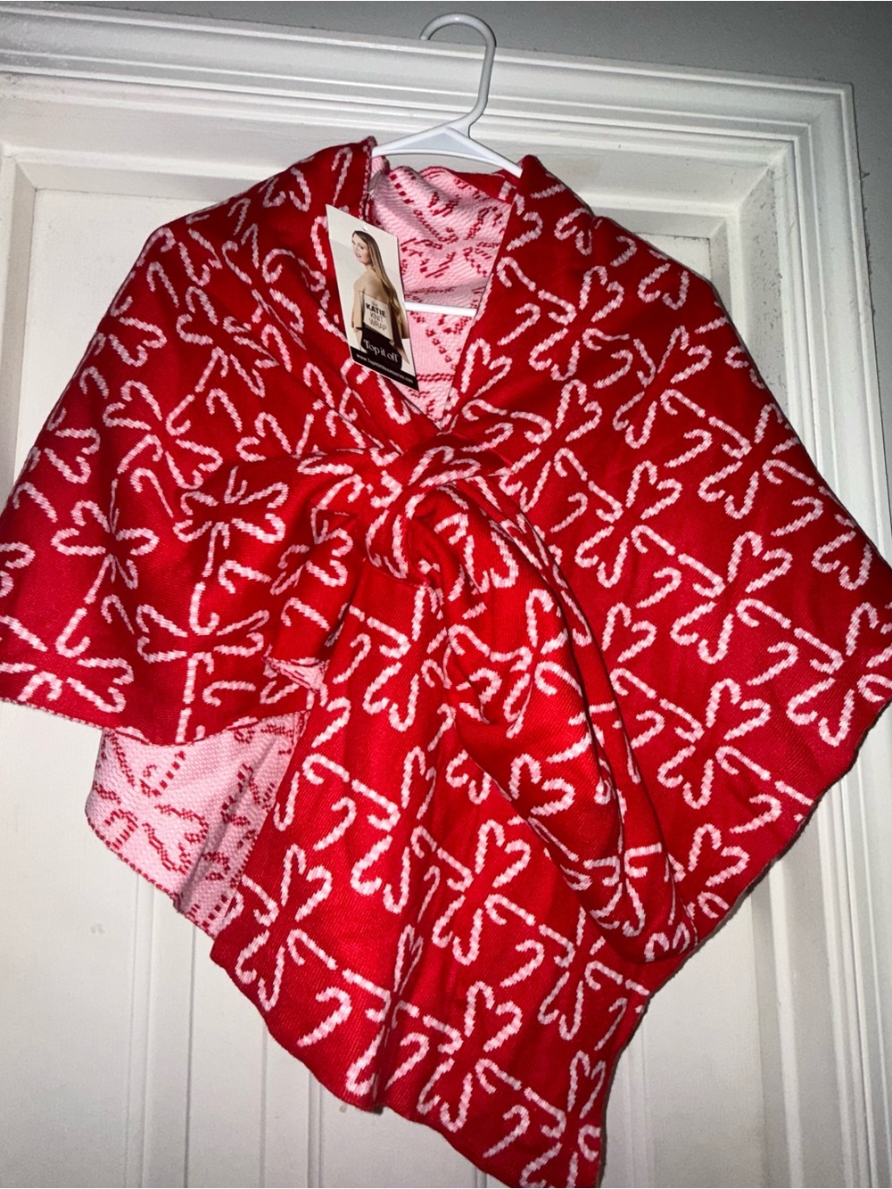 Women’s Red Candy Cane Patterned Knit Poncho Tunic with Pink Accents-NWT